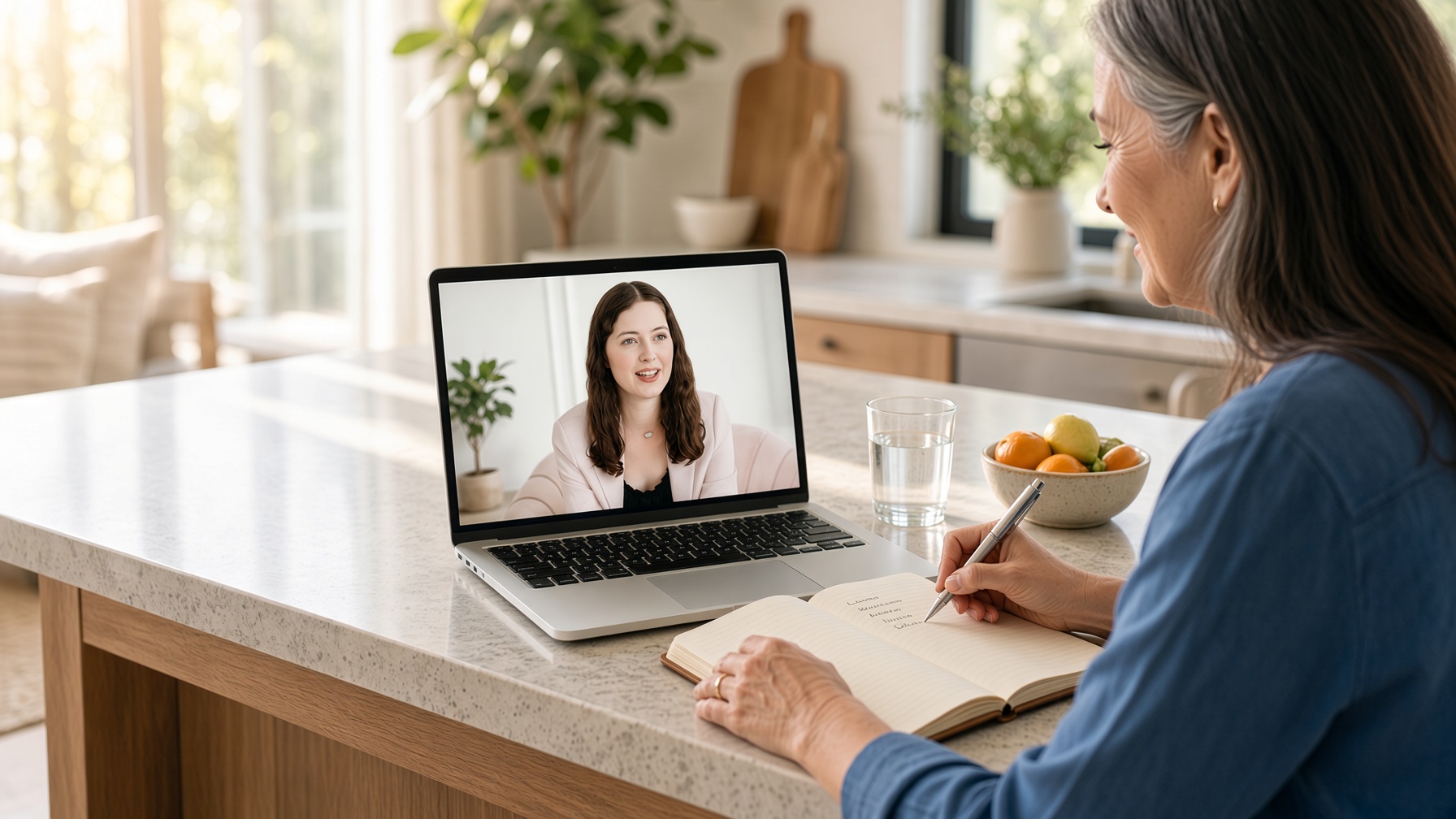 Person joining a secure telehealth nutrition visit on a laptop